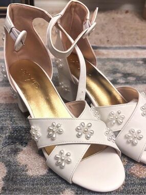 Pearl-Embellished Flower Floral White Block Heel Bridal Heels Wedding Heels